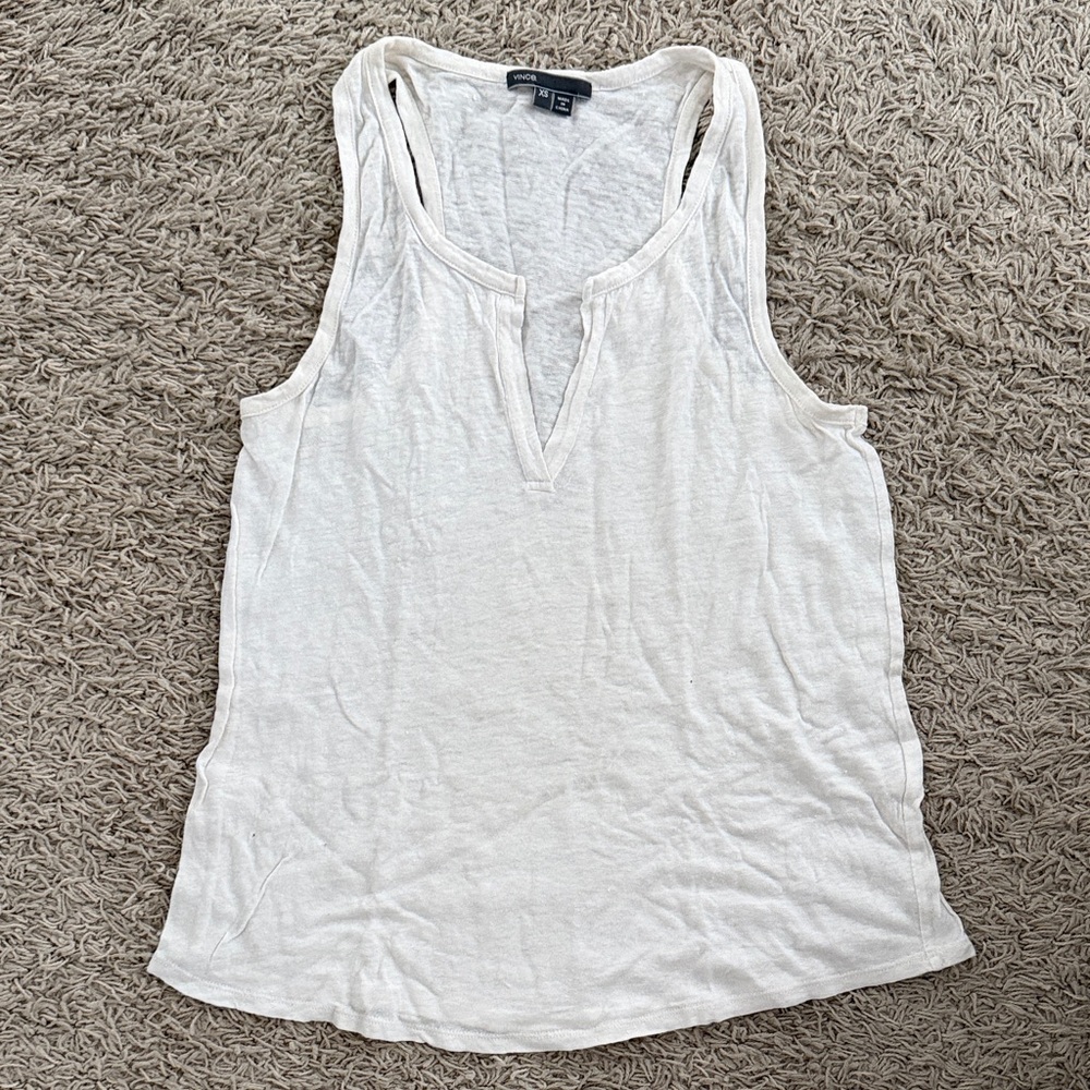 Vince Basic White Split Neck Sleeveless Tank Top